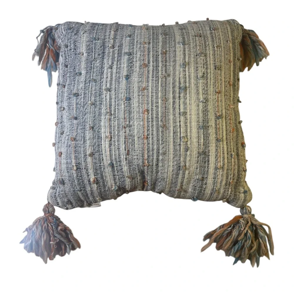 Artistic Accents Blue Cream Striped Woven Tassel Throw Pillow 18x18 Boho Decor‎